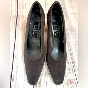 Stuart Weitzman Dark Grey Charcoal Suede Pumps Block Heel 8 Leather Square Toe
